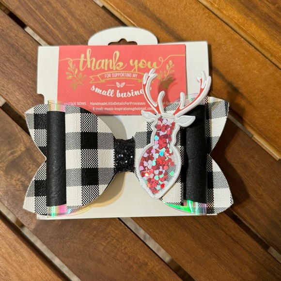 NWOT/ Handmade Christmas Hair Bows 2pc / Black & White Plaid Reindeer Clip - Picture 3 of 8